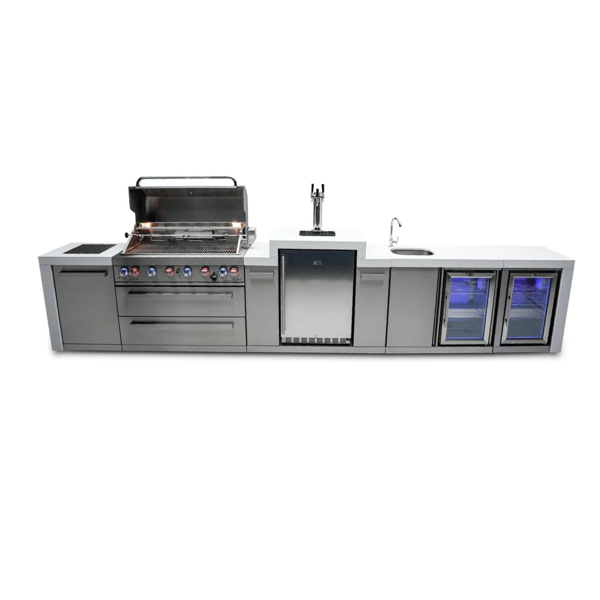 Front view of the Mont Alpi 805 Deluxe Island with the grill lid open, highlighting the cooking area, illuminated controls, kegerator, sink, and refrigeration units.