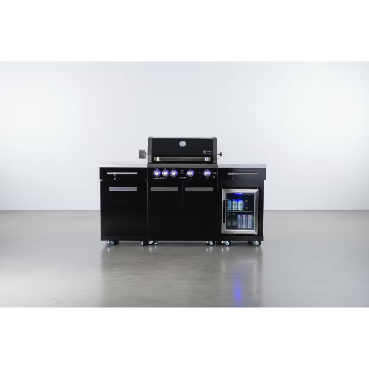Wide front view of the Mont Alpi 957 Black Stainless Steel Island with compact refrigerator, storage cabinets, and illuminated control panel.