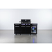 Wide front view of the Mont Alpi 957 Black Stainless Steel Island with compact refrigerator, storage cabinets, and illuminated control panel.