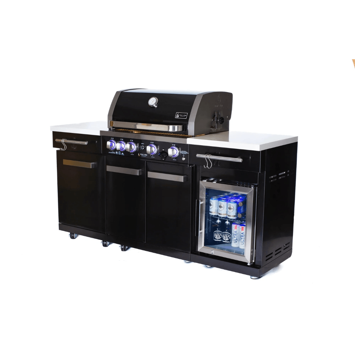 Angled front view of the Mont Alpi 957 Black Stainless Steel Island featuring LED-lit control knobs, storage cabinets, and a built-in compact refrigerator.