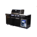 Angled front view of the Mont Alpi 957 Black Stainless Steel Island featuring LED-lit control knobs, storage cabinets, and a built-in compact refrigerator.