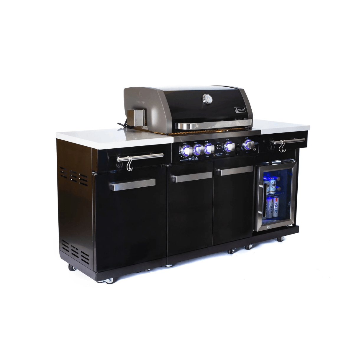 Front-right angled view of the Mont Alpi 957 Black Stainless Steel Island with compact fridge, stainless steel side rails, and illuminated controls.