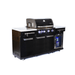 Front-right angled view of the Mont Alpi 957 Black Stainless Steel Island with compact fridge, stainless steel side rails, and illuminated controls.
