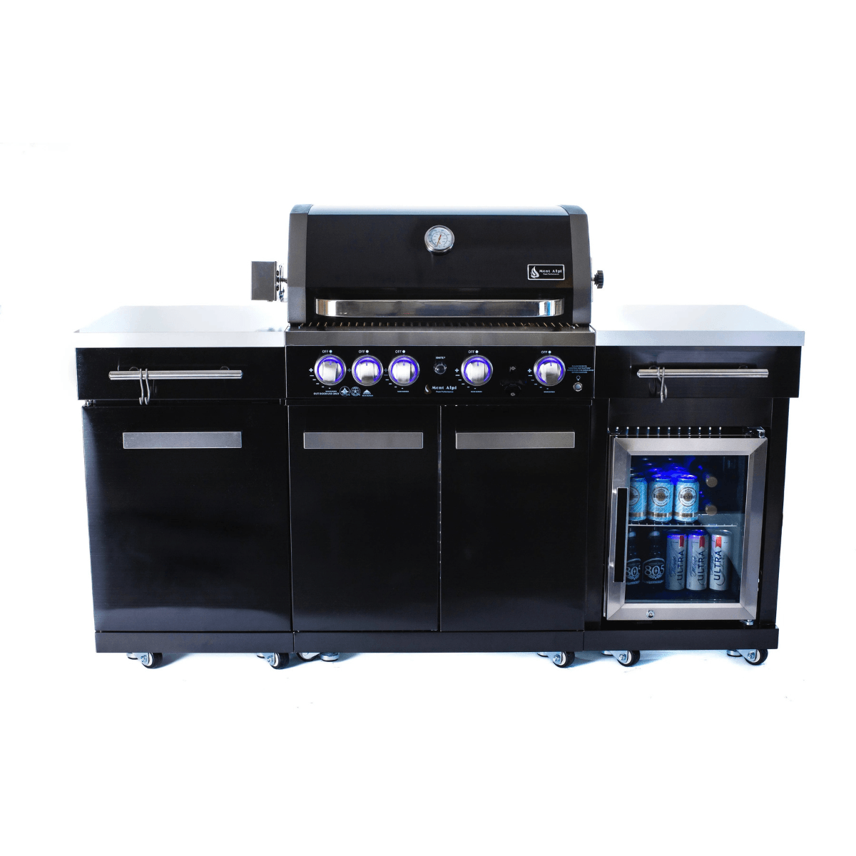 Front view of the Mont Alpi 957 Black Stainless Steel Island showcasing five LED-lit burner controls, storage cabinets, and glass-door compact refrigerator.