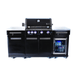 Front view of the Mont Alpi 957 Black Stainless Steel Island showcasing five LED-lit burner controls, storage cabinets, and glass-door compact refrigerator.