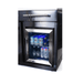 Close-up of the built-in compact refrigerator on the Mont Alpi 957 Black Stainless Steel Island stocked with beverages and featuring a glass door.