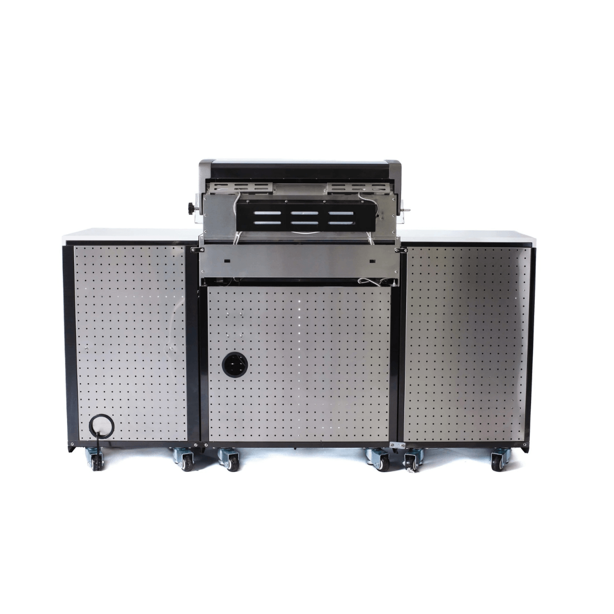 Rear view of the Mont Alpi 957 Black Stainless Steel Island showing the stainless steel back panels, grill housing, and caster wheels.
