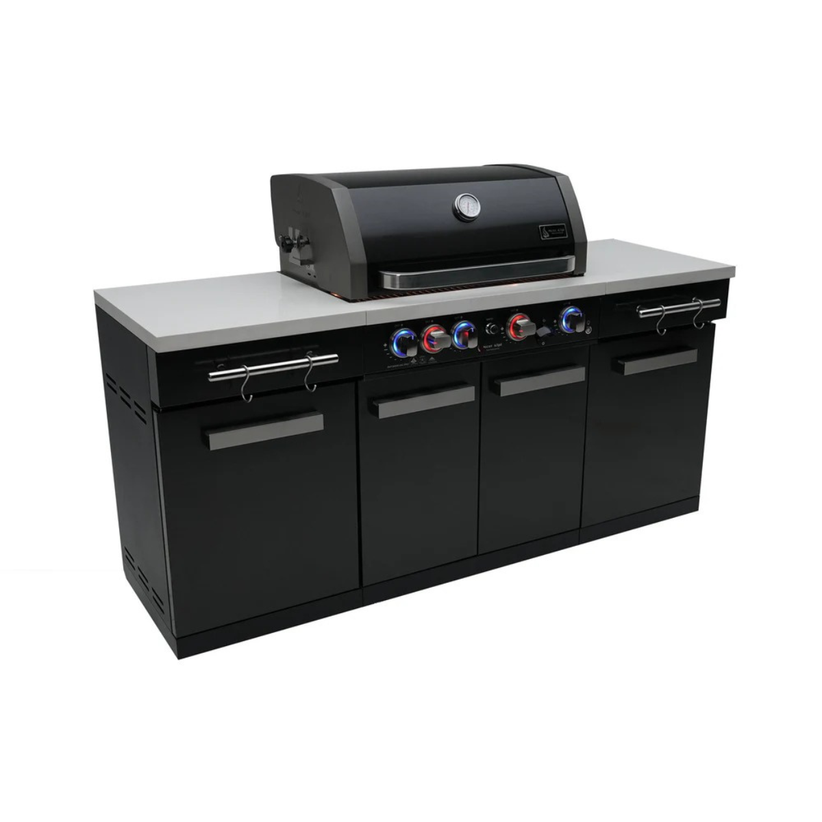 Angled front view of the Mont Alpi 957 Island with closed grill hood, LED control knobs, and four-door cabinet storage.