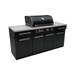 Angled front view of the Mont Alpi 957 Island with closed grill hood, LED control knobs, and four-door cabinet storage.