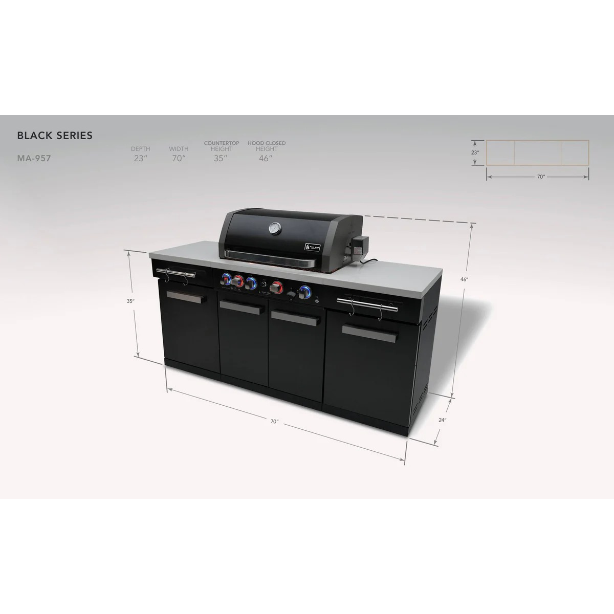 Dimension diagram of the Mont Alpi 957 Island showing 70-inch width, 23-inch depth, 35-inch countertop height, and 46-inch hood height.