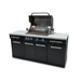 Front angled view of the Mont Alpi 957 Island with open grill hood, rotisserie kit, illuminated controls, and storage cabinets.