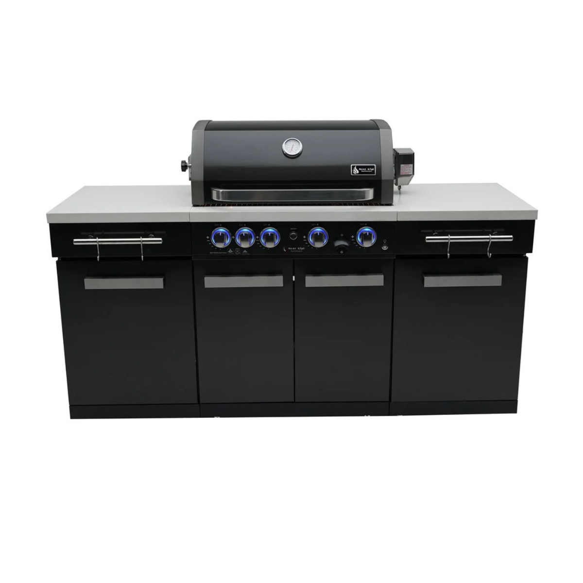 Front view of the Mont Alpi 957 Island with closed grill hood, blue LED control knobs, and stainless steel accessory rails.