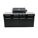 Front view of the Mont Alpi 957 Island with closed grill hood, blue LED control knobs, and stainless steel accessory rails.