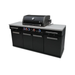 Angled view of the Mont Alpi 957 Island with closed grill hood, illuminated controls, and matte black cabinet finish.