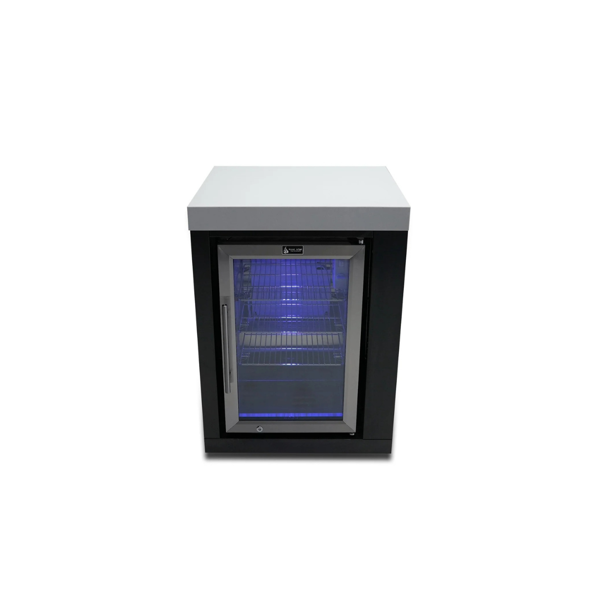 Front view of the Mont Alpi Black Stainless Steel Fridge Cabinet Module featuring a glass door, lock, and blue LED interior lighting.