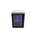 Front view of the Mont Alpi Black Stainless Steel Fridge Cabinet Module featuring a glass door, lock, and blue LED interior lighting.