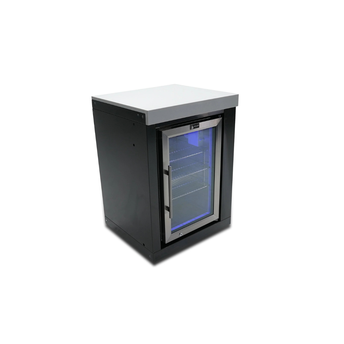 Angled front view of the Mont Alpi Black Stainless Steel Fridge Cabinet Module with glass door and stainless steel handle.