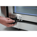 Close-up of the Mont Alpi Black Stainless Steel Fridge Cabinet Module lock with a key being inserted into the stainless steel glass door.