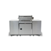 Rear view of the Mont Alpi Compact Island with Refrigerator showing perforated stainless steel back panels, grill housing, and caster wheels.
