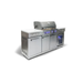 Front-left angled view of the Mont Alpi Compact Island with Refrigerator highlighting the stainless steel finish, storage compartments, and glass-door fridge.