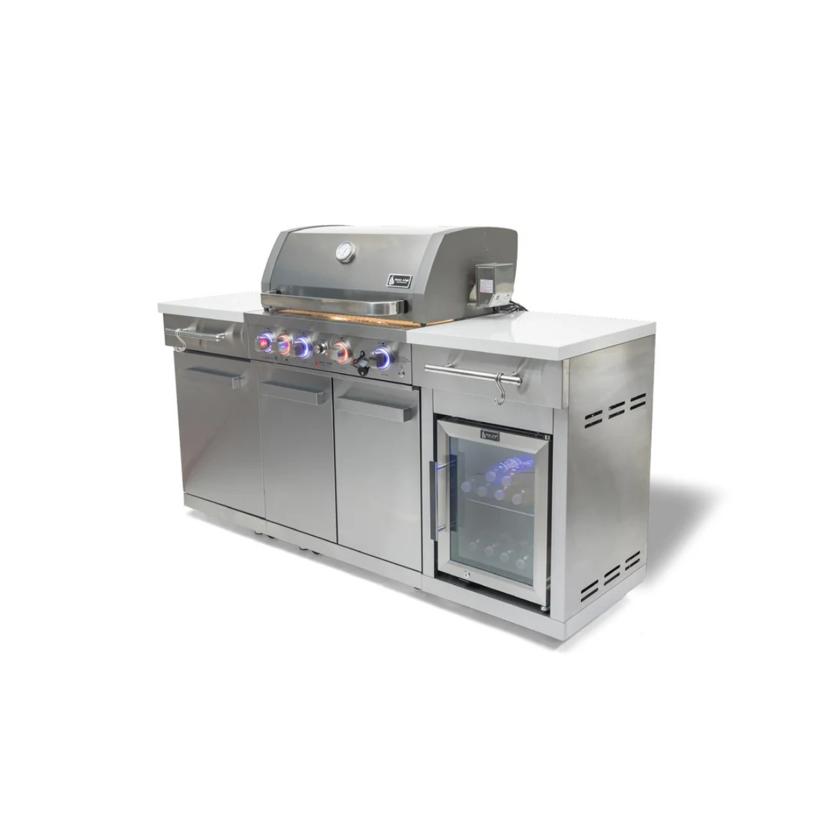 Front-right angled view of the Mont Alpi Compact Island with Refrigerator featuring LED-lit controls, spacious countertop surfaces, and integrated beverage cooler.