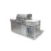 Front-right angled view of the Mont Alpi Compact Island with Refrigerator featuring LED-lit controls, spacious countertop surfaces, and integrated beverage cooler.