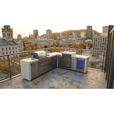 Mont Alpi Compact Island with Refrigerator installed on a rooftop terrace, featuring a stainless steel grill, sink, beverage tap, and dual outdoor refrigerators.
