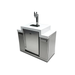 Angled view of the Mont Alpi Kegerator with stainless steel refrigerator door, side storage cabinets, and triple beer tap tower.