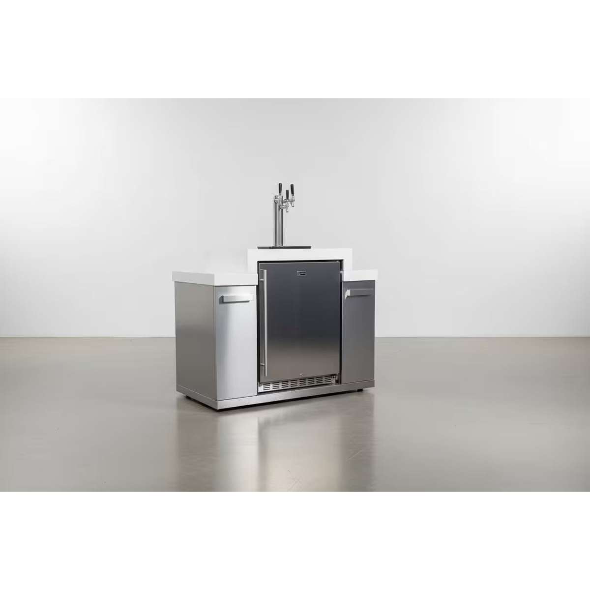 Front view of the Mont Alpi Kegerator featuring a built-in refrigerator, dual side cabinets, and elevated triple tap dispenser.