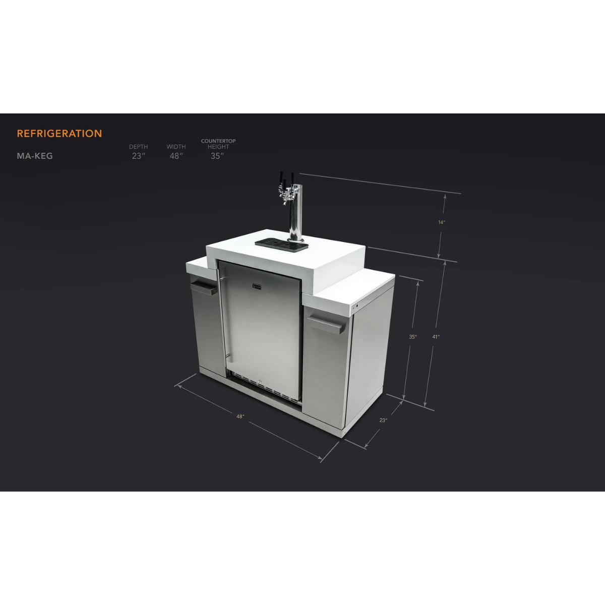 Dimension diagram of the Mont Alpi Kegerator showing 48-inch width, 23-inch depth, and 35-inch countertop height.
