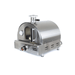 Three-quarter view of the Mont Alpi portable pizza oven with chimney vent, temperature gauge, and durable stainless steel finish.