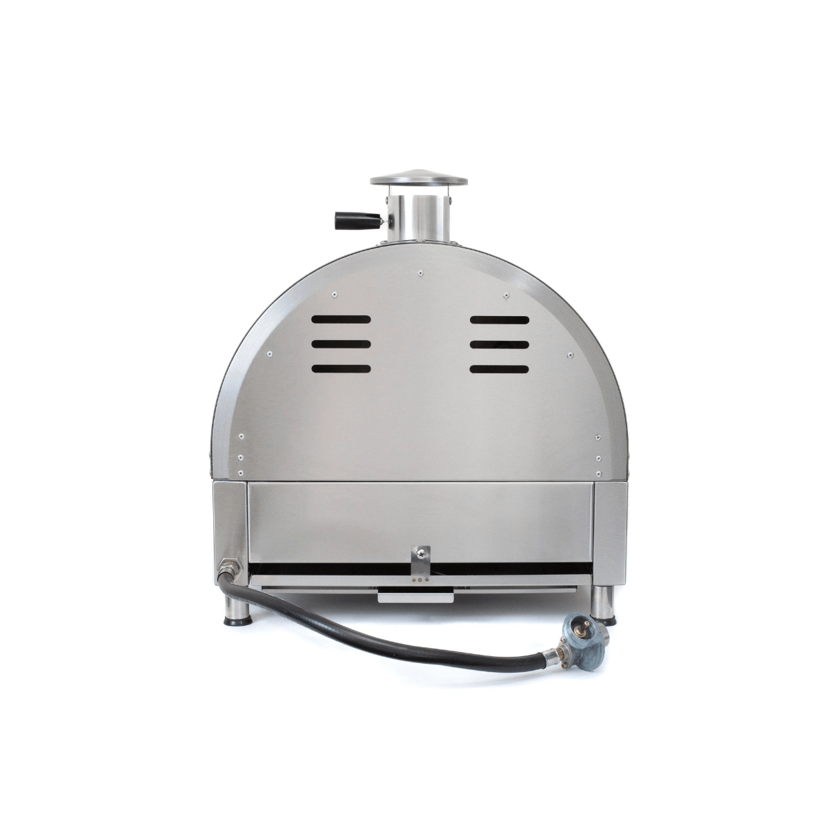 Rear view of the Mont Alpi portable pizza oven showing ventilation slots, gas hose connection, and compact outdoor cooking design.