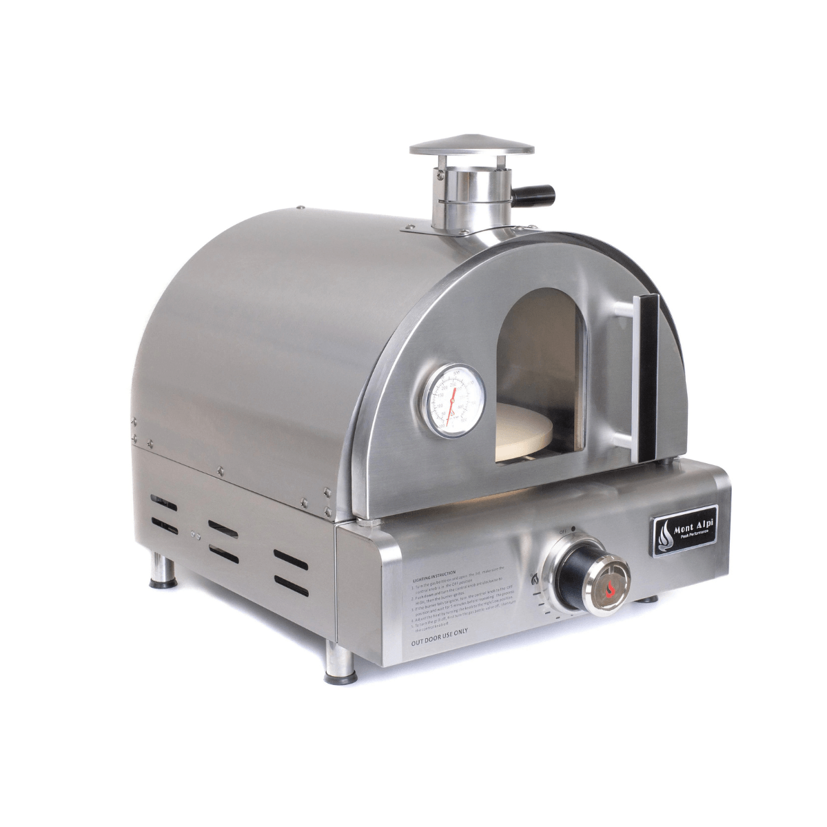 Angled view of the Mont Alpi portable pizza oven with stainless steel construction, built-in thermometer, chimney vent, and pizza stone cooking surface.
