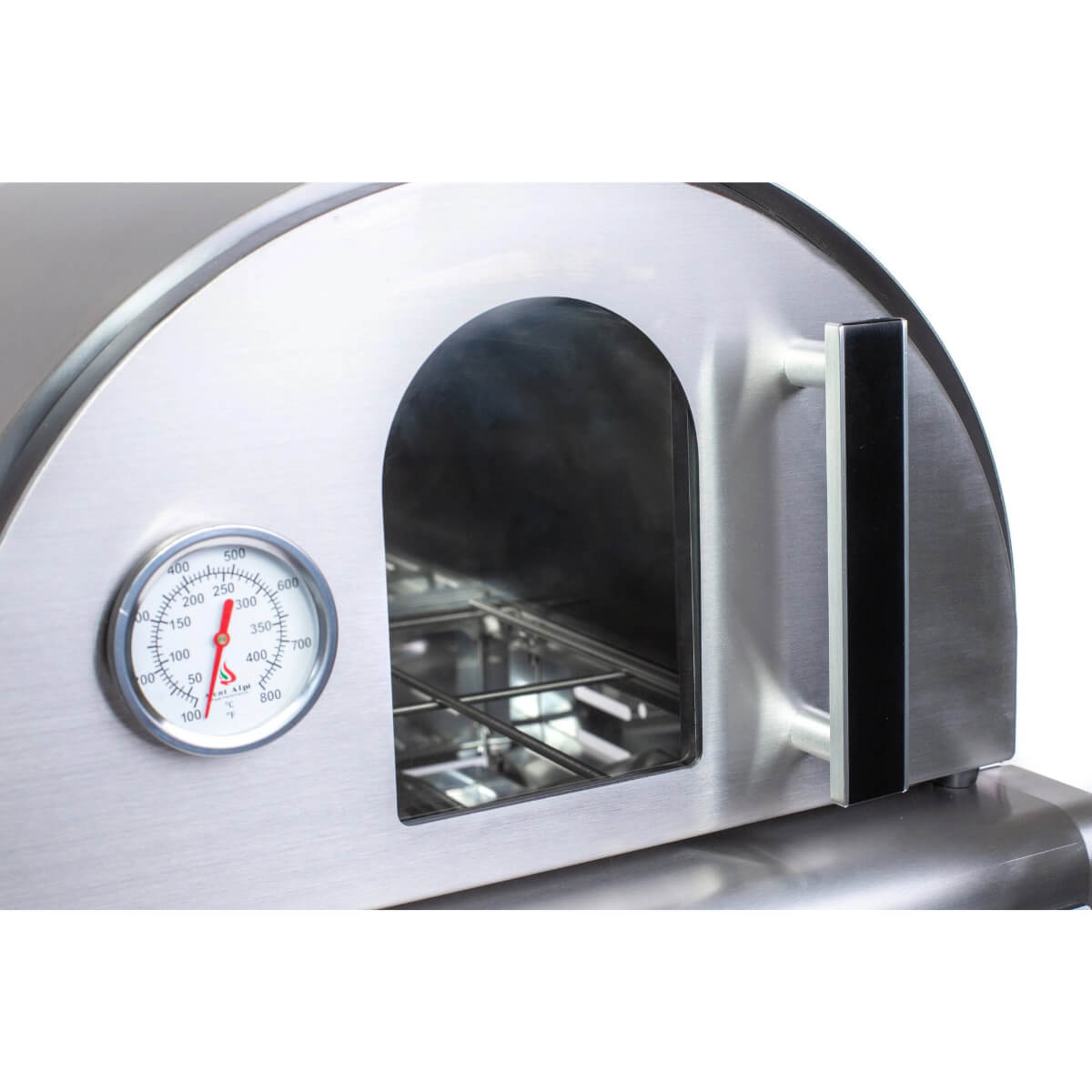 Close-up of the Mont Alpi portable pizza oven front showing the integrated thermometer, viewing window, and sturdy door handle.