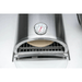 Front view of the Mont Alpi universal side burner pizza oven highlighting the ceramic pizza stone, cooking grate, and integrated thermometer.