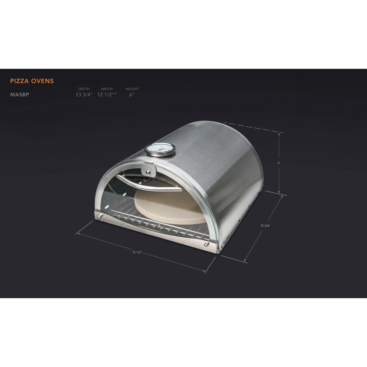 Mont Alpi universal side burner pizza oven with dimensions displayed, featuring a stainless steel body, integrated thermometer, and ceramic pizza stone.