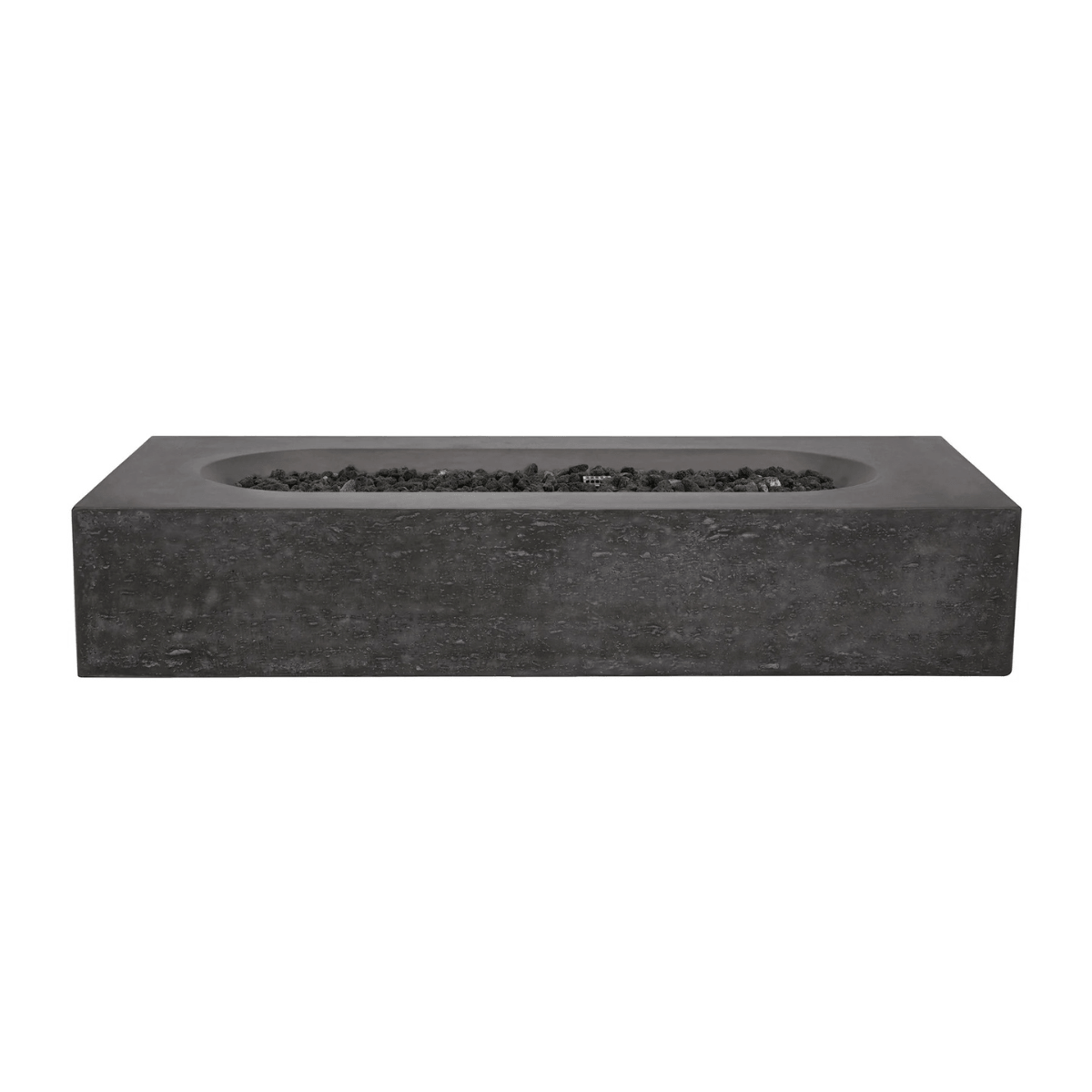 Pyromania Alchemy concrete fire table with elongated lava rock burner in dark grey finish.