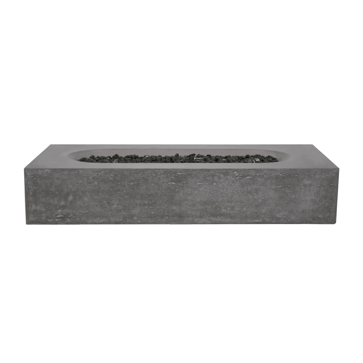 Light grey Pyromania Alchemy fire table with smooth rectangular concrete design and lava rocks.