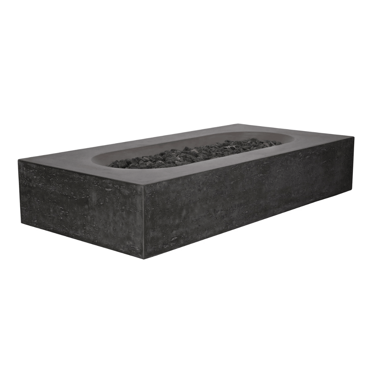 Angled view of the Pyromania Alchemy concrete fire table with recessed oval burner opening.