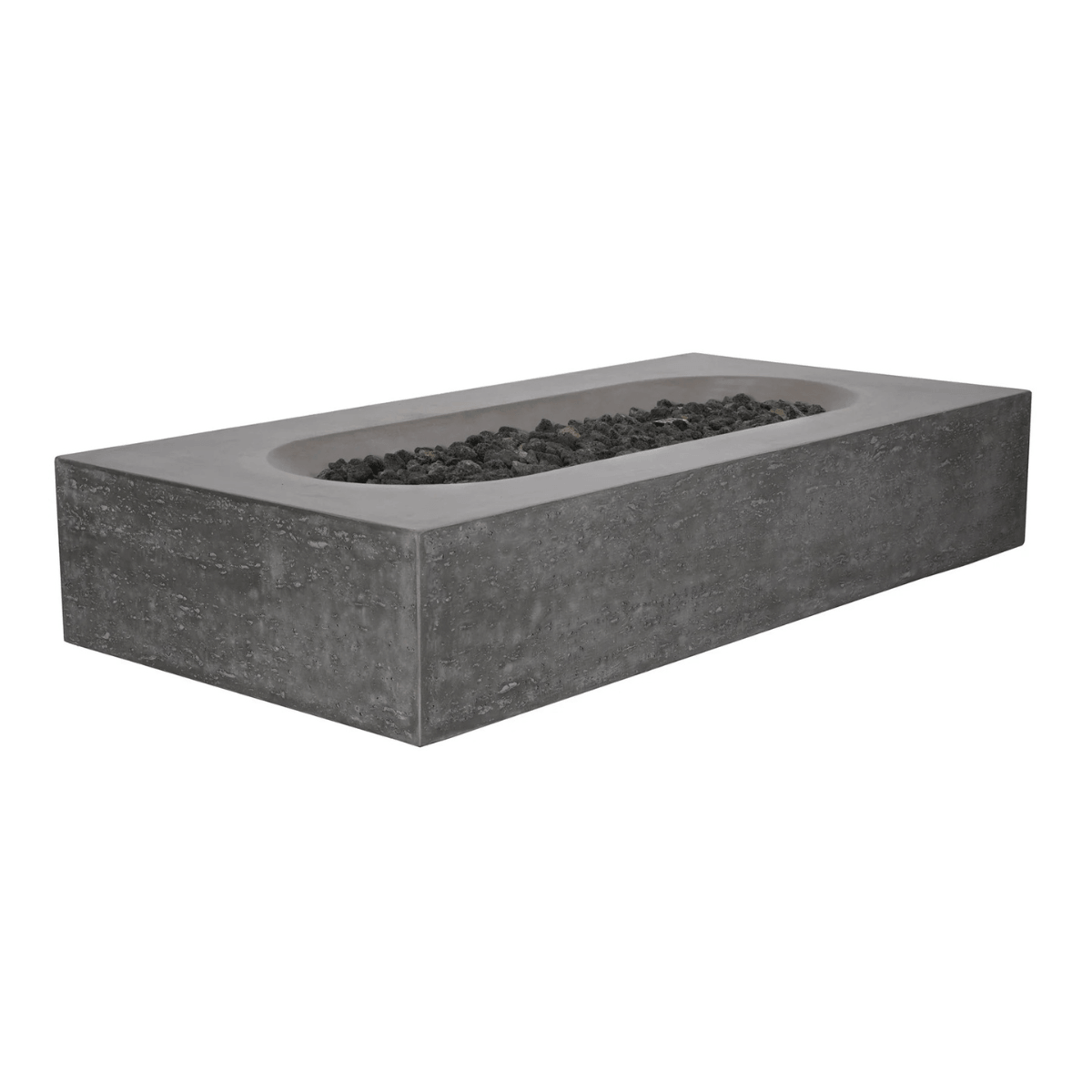 Grey Pyromania Alchemy rectangular fire table with textured concrete finish and lava rocks.