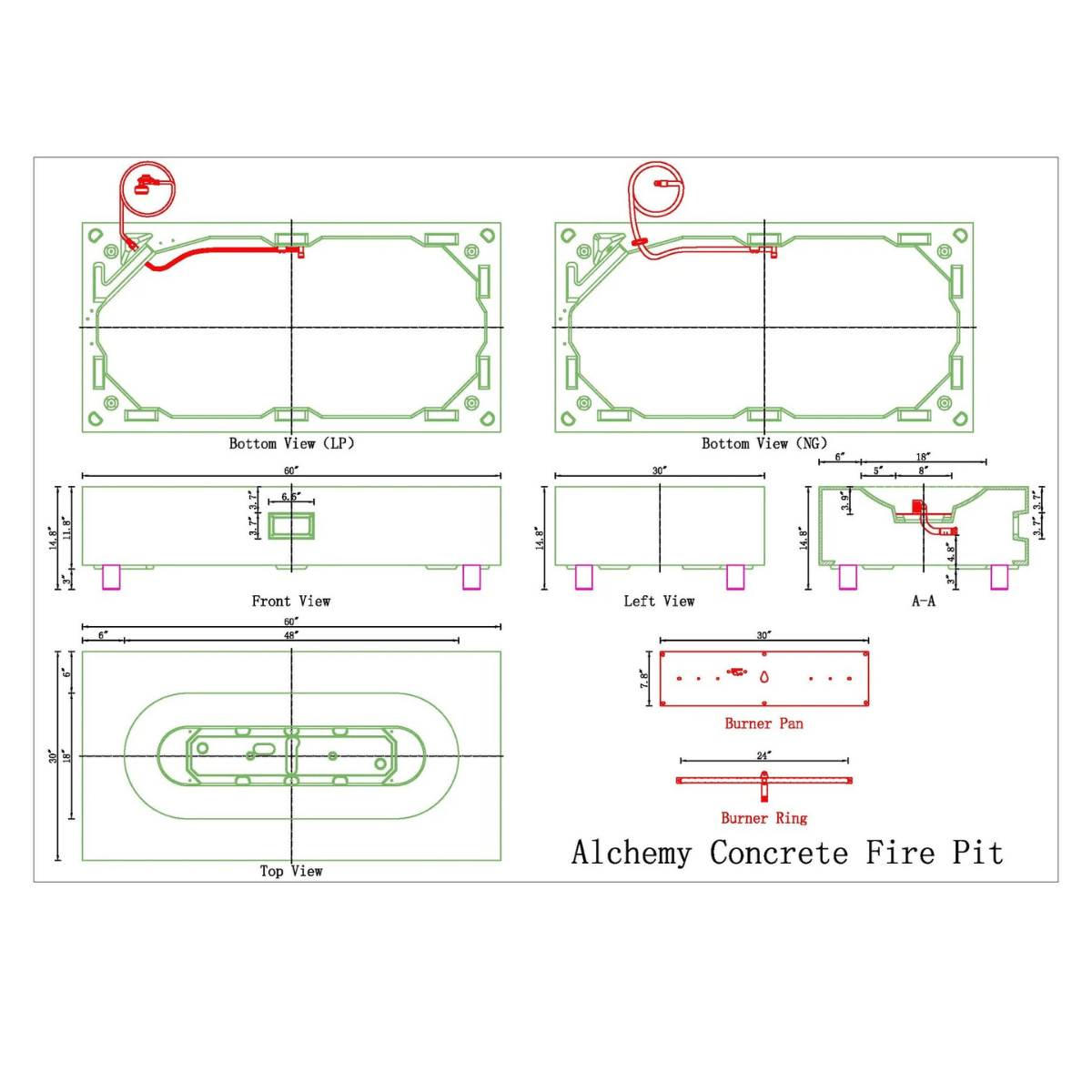 Technical drawing diagram of the Pyromania Alchemy concrete fire pit with dimensions and burner details.