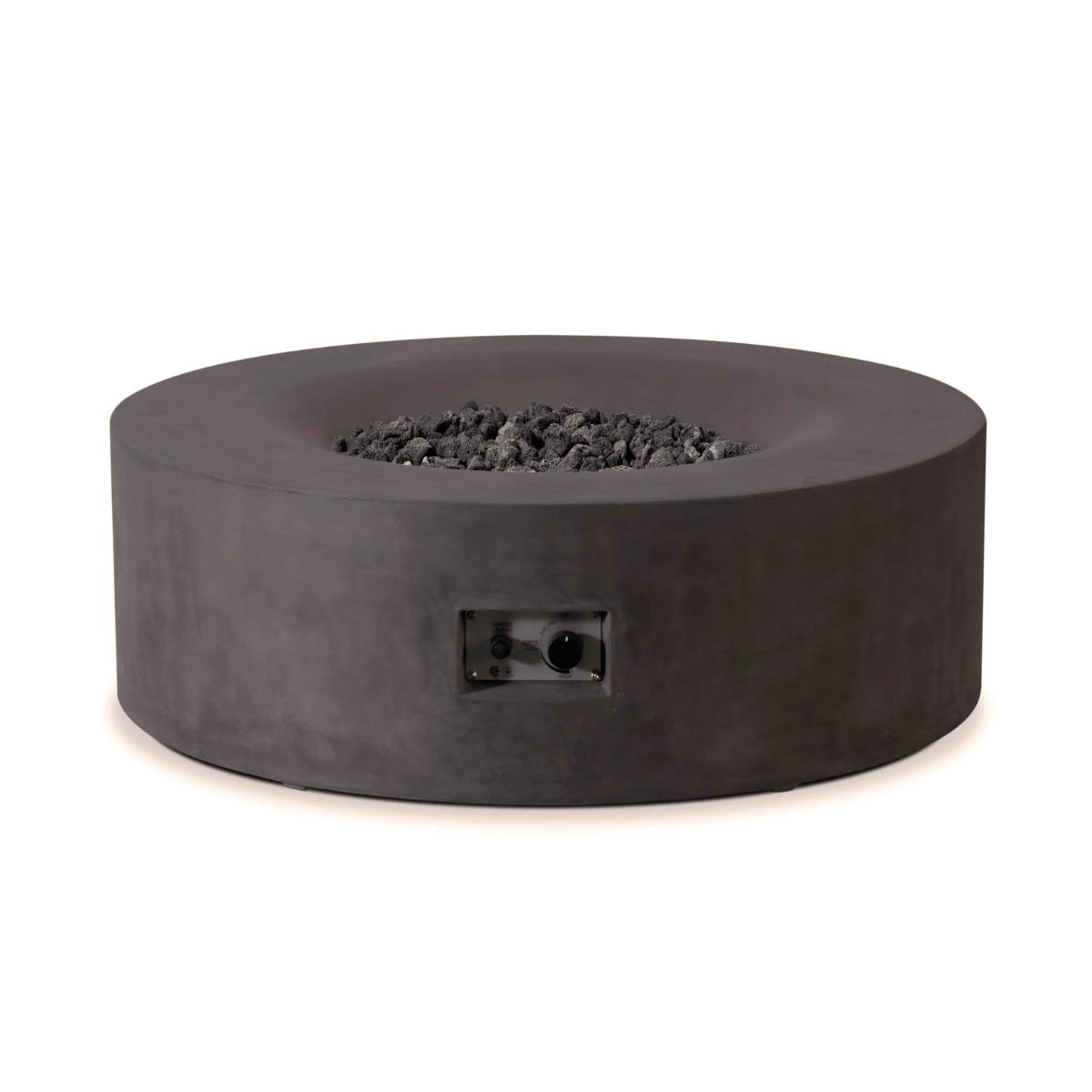 Avalon dark finish  fire pit with lava rocks and recessed control panel.