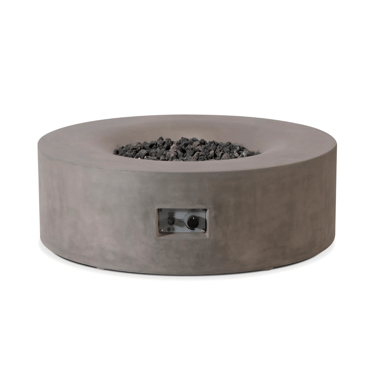 Avalon grey fire pit with lava rocks and built-in ignition control panel.