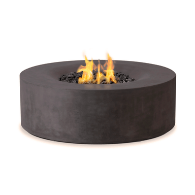 Avalon charcoal color fire pit with lava rocks and active gas flames.