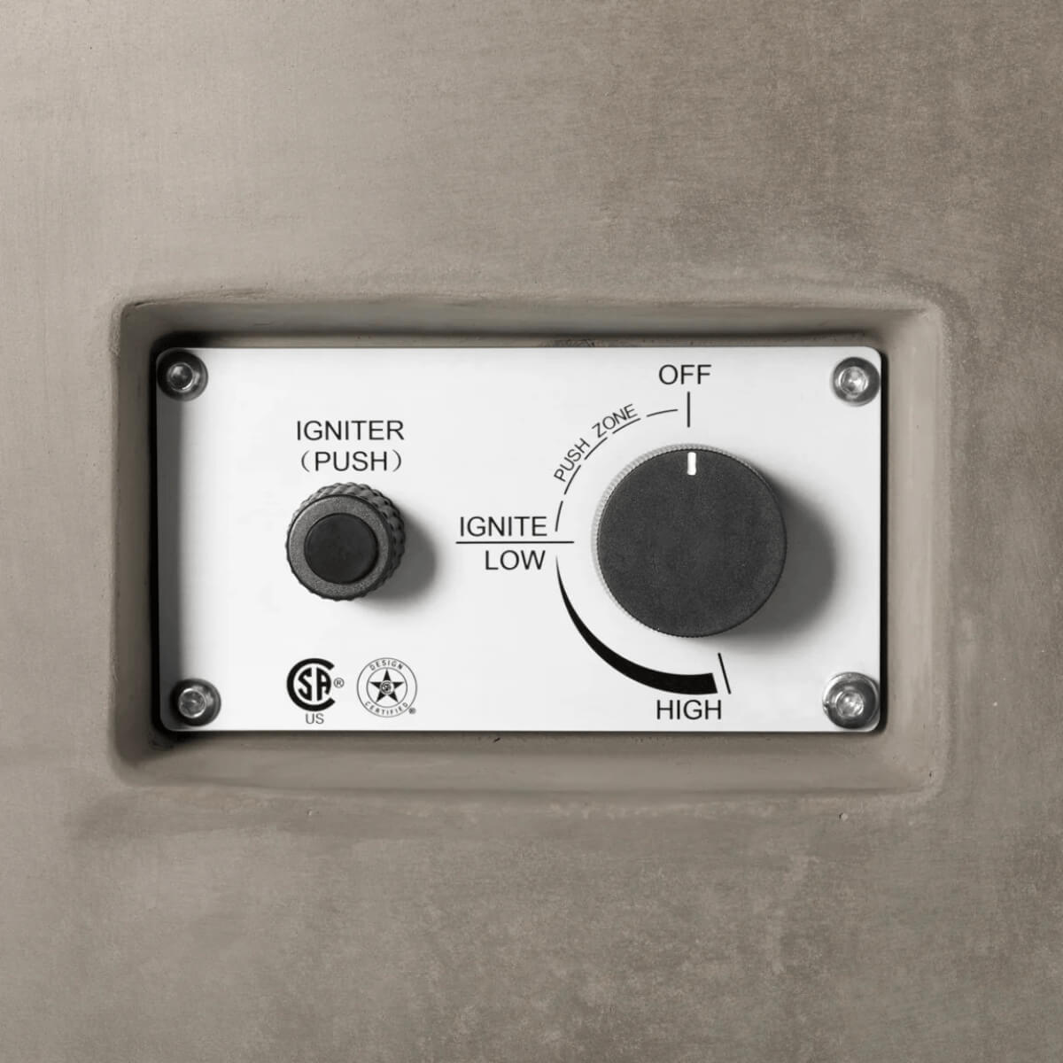 Avalon concrete fire pit control panel with igniter and adjustable flame settings.