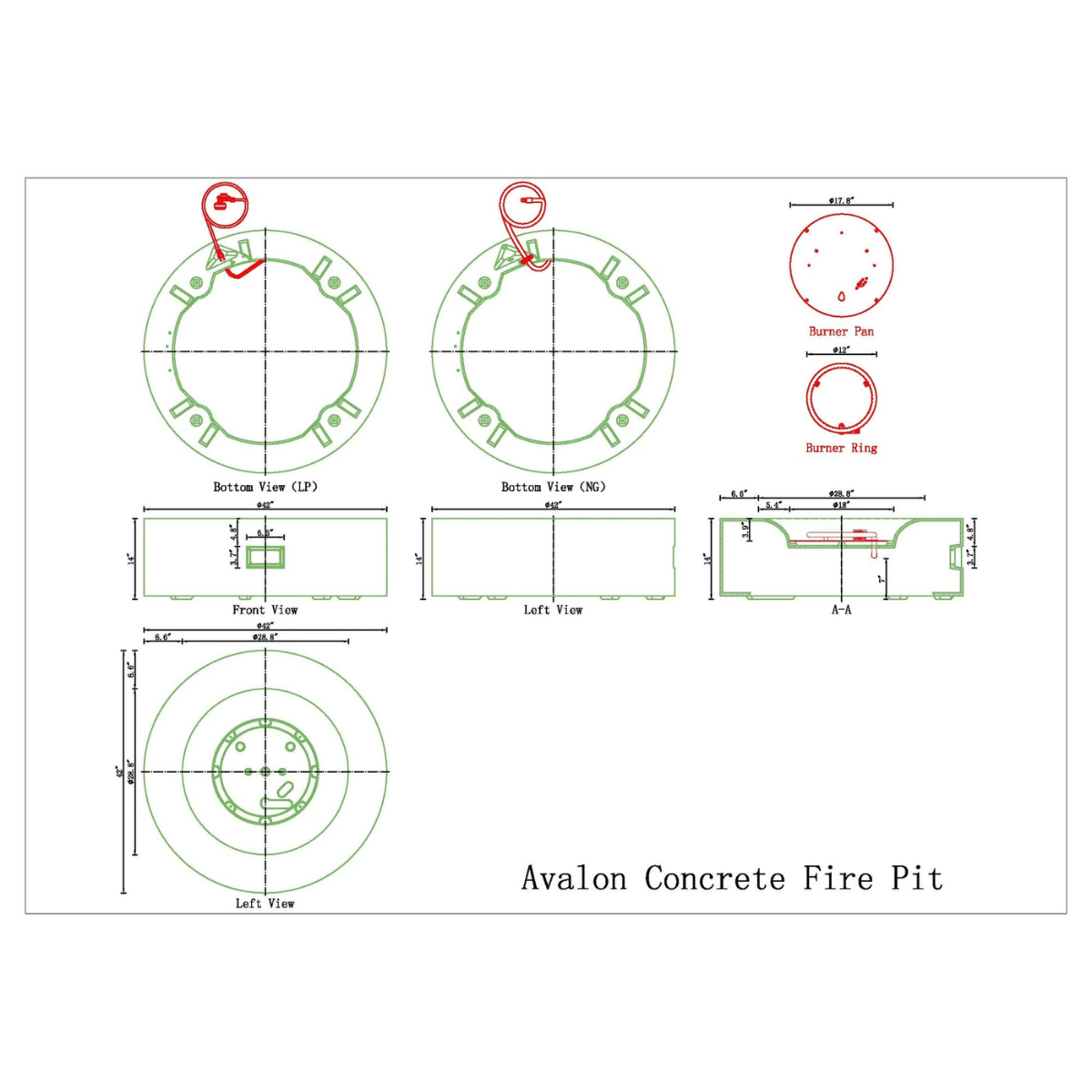 Avalon  fire pit technical drawing with dimensions and burner layout details.