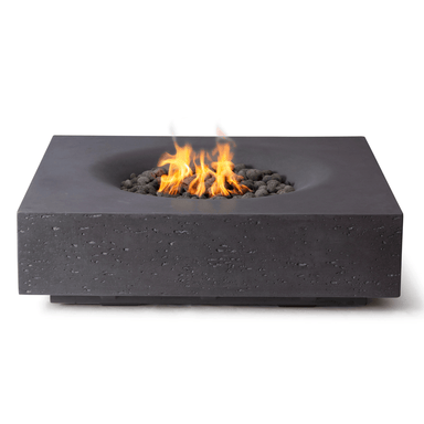Pyromania Infinity Fire Table with black concrete finish and central gas burner flame.
