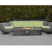 Pyromania Laguna fire table displayed with modern outdoor seating and linear flame feature.