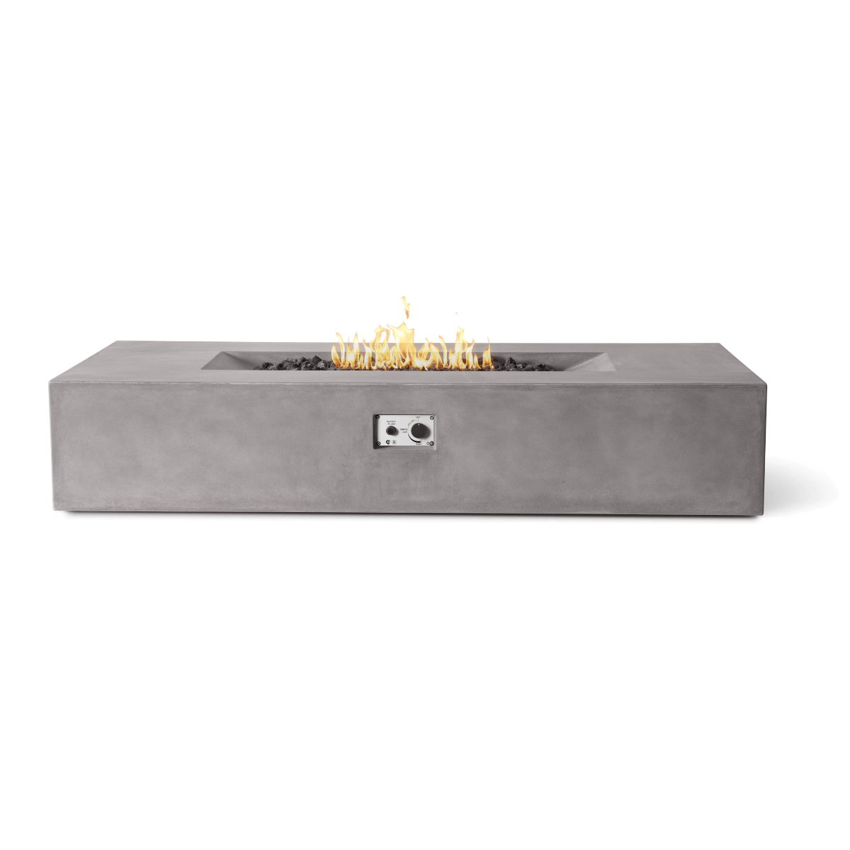 Light grey Pyromania Laguna fire table with rectangular recessed burner and modern finish.