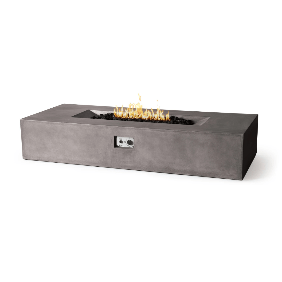 Dark grey Pyromania Laguna fire table with rectangular flame burner and concrete finish.